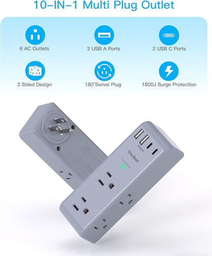 Surge Protector Outlet Extender, Multi Plug Wall Outlet, Rotating Plug,Grey
