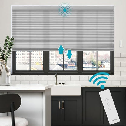 BlindsAvenue Simply Motorized Cellular Shades with Remote Control, Automatic Electric Cordless Wireless Blinds for Indoor Window, Light Filtering Blind, Color: Gray Sheen, Size: 44" W x 72" L