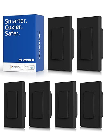 ELEGRP Smart Light Switch, 2.4GHz Wi-Fi Light Switch Compatible with Alexa & Google Assistant, Neutral Wire Required, APP Control and Timer Schedule, UL Certified,Single Pole, Black, 6 Pack