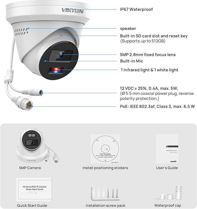VIKYLIN 5MP PoE IP Camera with Red Blue Strobe Flash Light Alarm, Active Deterrent Security Camera, Full Color Night Vision, Two-Way Audio, Human Vehicle Detection,