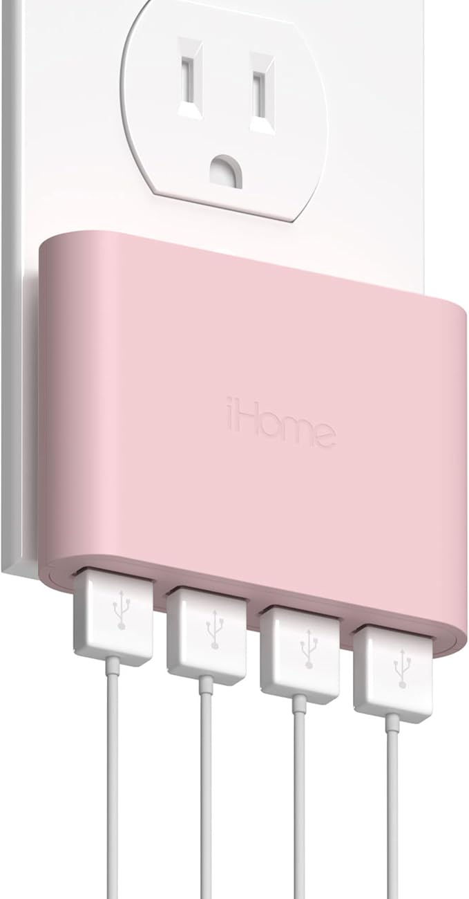 iHome Slim 4-Port USB Wall Charger, Flat Multiport Travel Plug Adapter | Foldable Prongs, 2.4A Rapid Charge Port, Charges iPhone, Android, iPad, AirPods, Travel-Friendly, Charging Block for Home Use