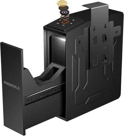 Biometric Slider Figerprint Handgun Safe with Auto Sliding Door&Keypad&Key | PINEWORLD Interior Light & Emergency Power Supply& Voice Navigation & Mute Mode, For Home, Nightstand, Car,Travel. Nice Gift