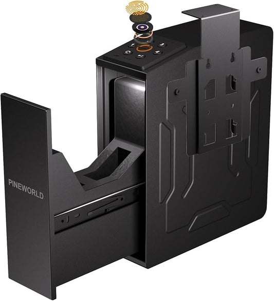Biometric Slider Figerprint Handgun Safe with Auto Sliding Door&Keypad&Key | PINEWORLD Interior Light & Emergency Power Supply& Voice Navigation & Mute Mode, For Home, Nightstand, Car,Travel. Nice Gift