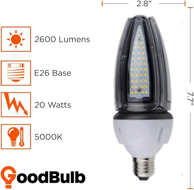 GoodBulb 20-Watt Acorn Light Retrofit LED Light Bulb | 100W Equivalent | 2600 Lumens | E26 Base Adapter 5000K Daylight White Color | 360° HID | Long Term Care Lighting | Pack of 2 Bulbs
