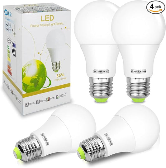 E26 12V LED Bulb 60W Equivalent E26/E27 Base 12-24V AC/DC 600Lm Warm White 2700K 6W LED Durable for Low Voltage Off-Grid Solar Battery Systems, RV, Marine Lighting - 4 Pack