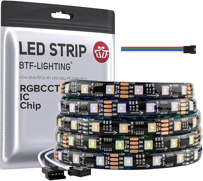 BTF-LIGHTING WS2805 IC RGBCCT UL Listed 16.4FT 60LED/m 20Pixel/m DC12V IP65 | Addressable Dual Data LED Strip 5050SMD 5 Colors in 1 Chasing Color RGB+CCT 3000K-6500K(No Adapter or Controller)