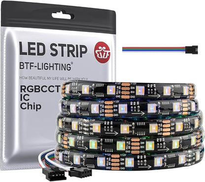 BTF-LIGHTING WS2805 IC RGBCCT UL Listed 16.4FT 60LED/m 20Pixel/m DC12V IP65 | Addressable Dual Data LED Strip 5050SMD 5 Colors in 1 Chasing Color RGB+CCT 3000K-6500K(No Adapter or Controller)