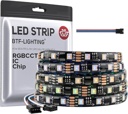BTF-LIGHTING WS2805 IC RGBCCT UL Listed 16.4FT 60LED/m 20Pixel/m DC12V IP65 | Addressable Dual Data LED Strip 5050SMD 5 Colors in 1 Chasing Color RGB+CCT 3000K-6500K(No Adapter or Controller)