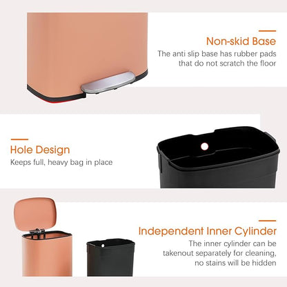 FDW | 13 Gallon Trash Can with Lid | Pink | Fingerprint-Proof | Made of Brushed Stainless Steel | Soft-Close Step Pedal | Hands-Free Use | Easy to Clean | for Kitchen, Office, Bathroom