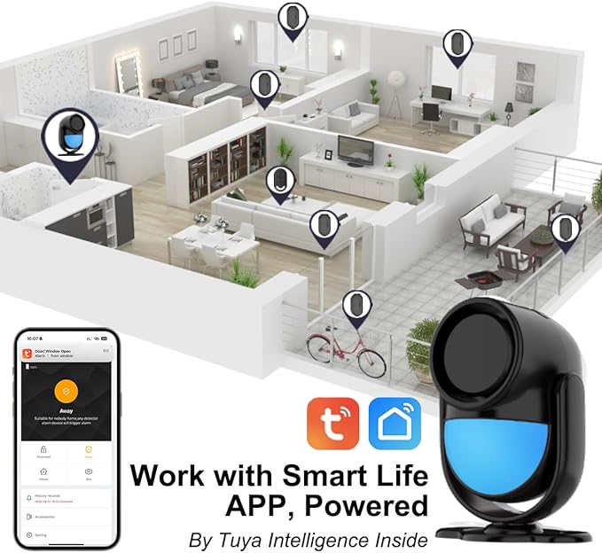 125dB WiFi PIR Motion Sensor Alarm Indoor, with Wireless DIY Smart Door/Window Alarm for Home Security with Phone APP Alert 4 Pieces-Kit, for Driveway, Shed, Home, Van, Shop