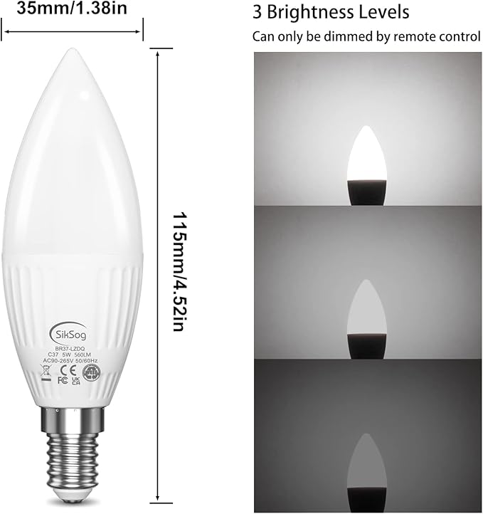 E12 LED Bulb Color Changing Candelabra Light Bulb with Remote Control, 50W Incandescent Equivalent, 560 Lumen,Cool White 5000K + 12 Colors, 5W E12 Small Base, Decorative Chandelier Light Bulb, 12 Pack