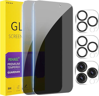 PEHAEL 2+2 Pack for iPhone 15 Pro Privacy Screen Protector with Camera Lens Protector Full Coverage Anti-Spy Tempered Glass Film 9H Hardness Easy Installation Bubble Free [6.1 inch]