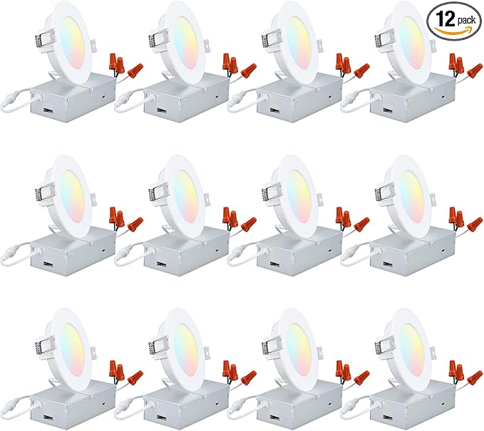 TORCHSTAR 12-Pack 4 Inch 5CCT LED Recessed Lighting, CRI 90, 2700K3000K3500K4000K5000K Selectable, Dimmable 700lm Brightness Slim LED Downlight, ETL Listed