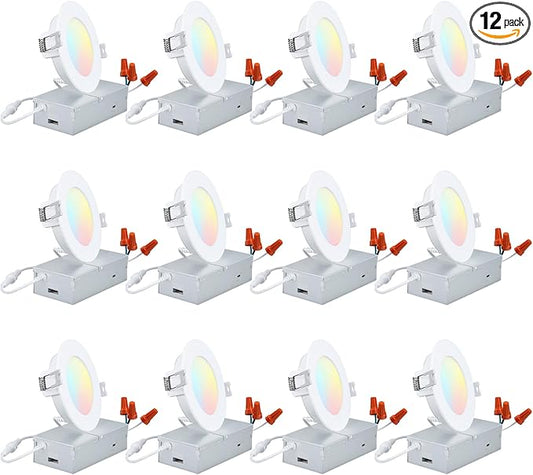 TORCHSTAR 12-Pack 4 Inch 5CCT LED Recessed Lighting, CRI 90, 2700K3000K3500K4000K5000K Selectable, Dimmable 700lm Brightness Slim LED Downlight, ETL Listed