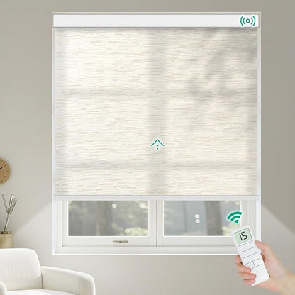 Motorized Roller Shades, Light Filtering Remote Control Custom Window Shades Work with Alexa Google Assistant via RF Hub, Rechargeable Electric Blinds for Windows (Texture Light Coffee)