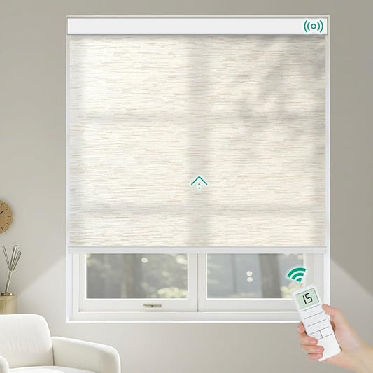 Motorized Roller Shades, Light Filtering Remote Control Custom Window Shades Work with Alexa Google Assistant via RF Hub, Rechargeable Electric Blinds for Windows (Texture Light Coffee)