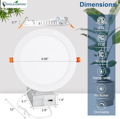 DLLT LED Recessed Ceiling Lights: 12 Pack 8 Inch 5CCT Ultra-Thin Lighting with Junction Box for Bedroom - 1800LM Brightness 18W Eqv 170W Dimmable Canless Wafer Downlight with ETL&FCC