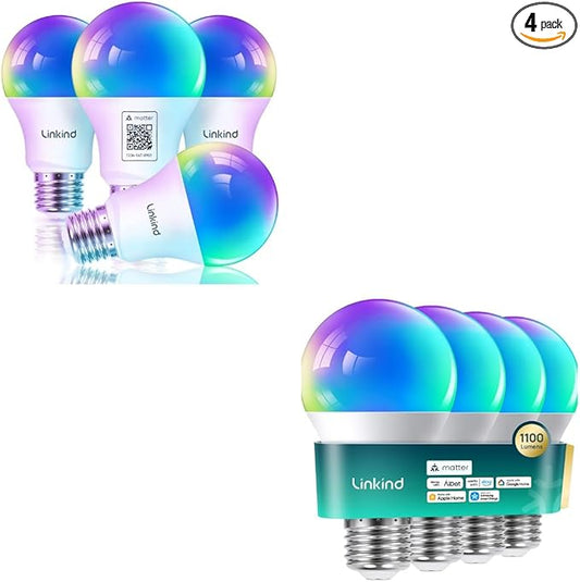 Linkind Matter Smart Light Bulbs 1100LM (75W Equivalent) 4Pack Bundle Matter Smart Light Bulbs 800LM (60W Equivalent) 4Pack (Compatible with Alexa/Apple Home/Siri/Google Home/SmartThings)