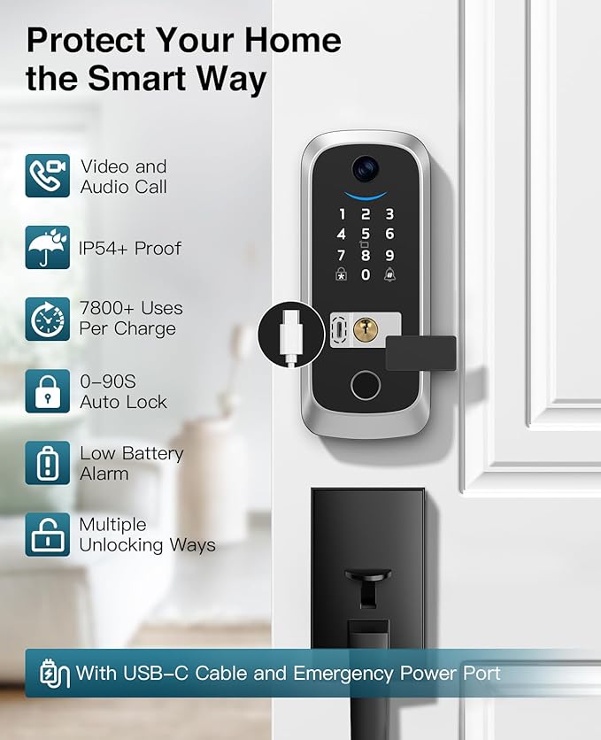 Video Smart Lock with Camera, Built-in Rechargeable Lithium Battery Entry Keyless Door Lock, App Control, Fingerprint ID, IC Card, Keypad Code, Auto Lock for Front Door (Silver)