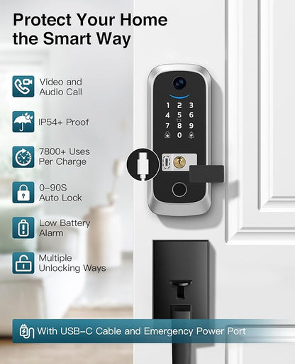 Video Smart Lock with Camera, Built-in Rechargeable Lithium Battery Entry Keyless Door Lock, App Control, Fingerprint ID, IC Card, Keypad Code, Auto Lock for Front Door (Silver)