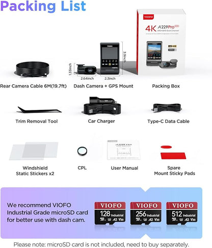 VIOFO A229 Pro 4K HDR Dash Cam, Dual STARVIS 2 IMX678 IMX675, 4K+2K Front and Rear Car Camera, 2 Channel with HDR, Voice Control, 5GHz WiFi GPS, Night Vision 2.0, 24H Parking Mode