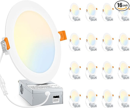 BesLowe 16 Packs 6 Inch 5CCT LED Recessed Ceiling Lights Ultra-Thin with Junction Box, 12W 150W Eqv, 3000K/3500K/4000K/5000K/6500K, 1200LM Dimmable Canless Downlights for Kitchen Hallway Dining Room