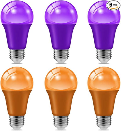 haraqi 6 Pack 9W (60W Equivalent) 120V E26 Base A19 LED Colored Light Bulb, Purple and Orange LED Lights for Party Christmas Decor and Halloween Lighting