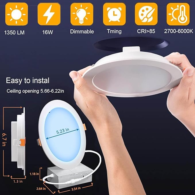 Smart Recessed Lighting 6 inch, 4Pack RGBCW Recessed Ceiling Lights with Junction Box, 16W 1350lm LED Recessed Lights 2700 to 6000K Canless LED Downlight Dimmable by Alexa and APP