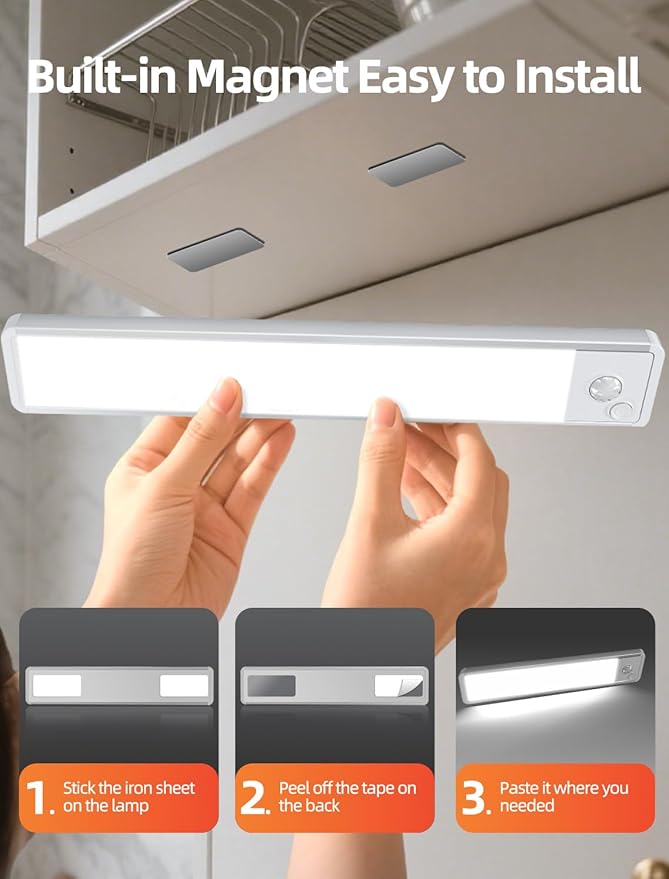 Under Cabinet Lighting: 12 Inch 3-Color Dimmable Rechargeable Motion Sensor Lights Indoor - Battery Operated Lights - Closet Light Magnetic Led Light for Kitchen Home Bathroom Counter 5 Pack