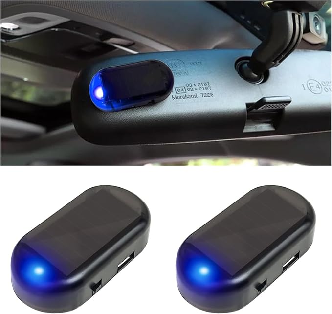 Car Solar Power Simulated Dummy Alarm, Car Alarm Warning Light Fake Lamp with USB Charger Port, Anti-Theft LED Flashing Security Light Car Accessories for Most Cars (Blue, 2PCS)