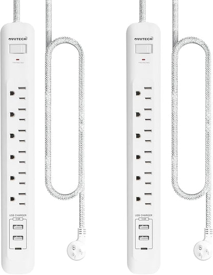 2 Pack Power Strip Surge Protector - 6 Outlets 3 USB Charging Ports (1 USB C), 5Ft Extension Cord, Flat Plug, Overload Protection, Wall Mount for Office Home, Dorm Room White