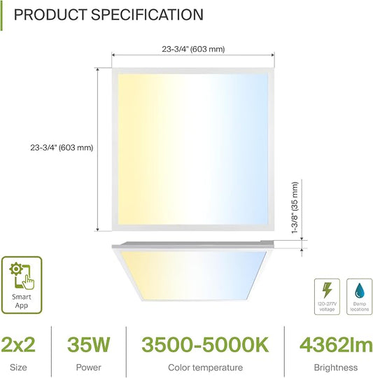 ASD 2 Pack 2x2 Smart LED Flat Panel Light - 35W UL DLC | 4362LM 3500K 4000K 5000K Selectable Dimmable 2x2 LED Drop Ceiling Light Fixture | 2 x 2 Lights WiFi App Controlled Alexa & Google Assistant