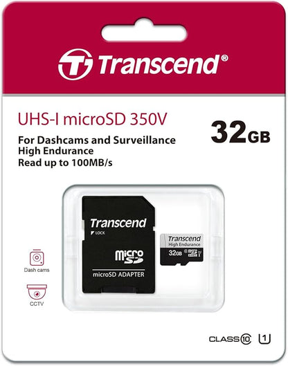 Transcend 32GB 350V(uSD Card), Micro SD, Memory Card, U1, Full HD, Up to 100MB/s, for Camera and Drones - TS32GUSD350V