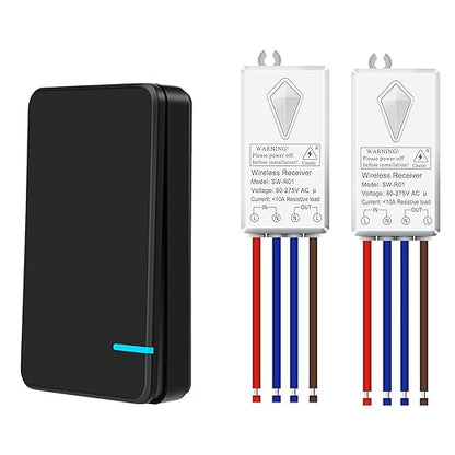 NineLeaf Wireless Switch and Receiver Kit, Black Wireless Light Mini Switch,No Wiring, No WiFi, Remote Control Lighting Fixture for Led Light, Ceiling Lights, Lamps,1000W LED(1Switch 2Receivers)