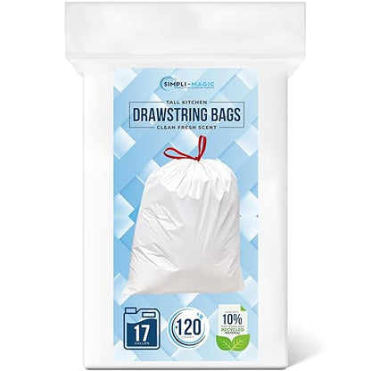 Simpli-Magic 17 Gallon Drawstring Trash Bags, Code C, 120 Pack – Tall Kitchen Garbage Bags, Custom Made with Premium Materials (White)