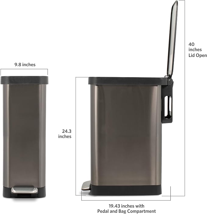 Glad Stainless Steel Slim Trash Can with Clorox Odor Protection - Narrow Kitchen Garbage Bin with Soft Close Lid, Step On Foot Pedal and Waste Bag Roll Holder, Pewter, 12 Gallon/45 Liter
