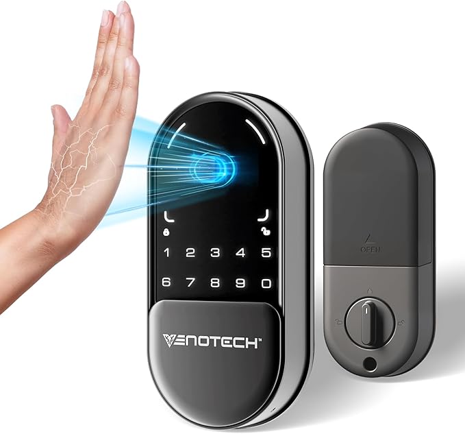Venotech Palm Vein Smart Lock, 2-in-1 Doorbell Keyless Entry Door Lock with Code Passcode, IP55 Waterproof, Auto Lock, Upgraded Rechargeable Battery, Front Door Smart Lock for Home, Office,