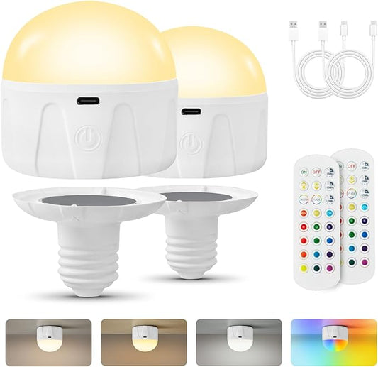 Rechargeable Light Bulbs with Remote, 2000mAh Magnetic Battery Powered E26 LED Bulb with Timer for Lamps/Sconces/Outdoor Camping, 3 Color Temperatures & 12 RGB Colors, Non-Hardwired, 2 Pack