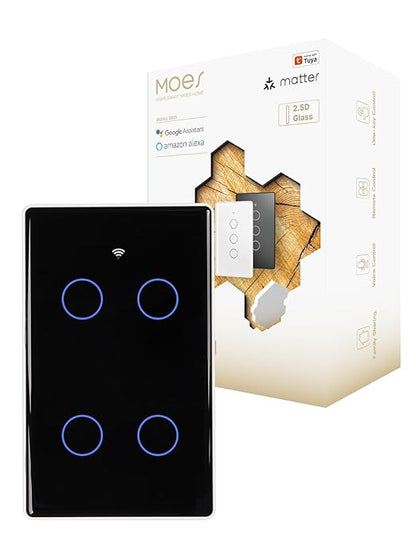 MOES Matter Smart Light Switch, 2.5D Glass Touch Wall Switch, Single Pole, Neutral Wire Required,2.4GHz Wi-Fi, Timer & Schedule, Remote & Voice Control with Alexa & Google Home, Black 4 Gang