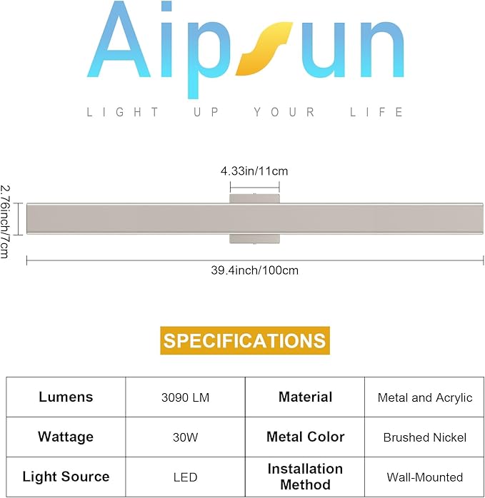 Aipsun 2 Packs Nickel Outdoor Wall Light 39.4inch Modern LED Exterior Wall Sconce, Long LED Linear Exterior Lights 3000K 4000K 6000K for Entrance, Hallway, Garage, Porch(3CCT)