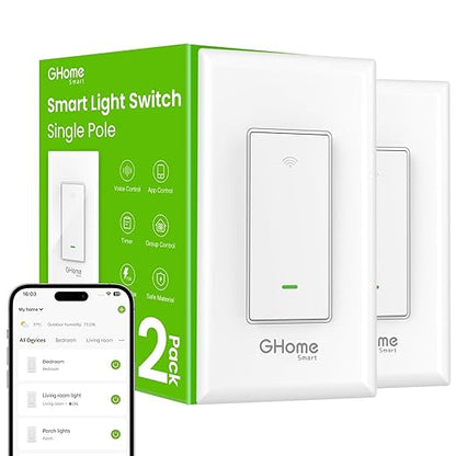 GHome Smart Switches for Lights, WiFi Smart Light Switch Works with Alexa and Google Home, Single Pole, Neutral Wire Required, 2.4Ghz WiFi Light Switch with APP Control, No Hub Required, UL FCC Listed
