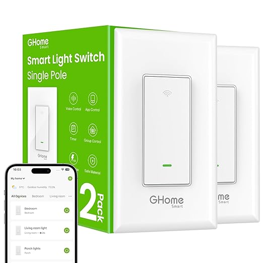 GHome Smart Switches for Lights, WiFi Smart Light Switch Works with Alexa and Google Home, Single Pole, Neutral Wire Required, 2.4Ghz WiFi Light Switch with APP Control, No Hub Required, UL FCC Listed