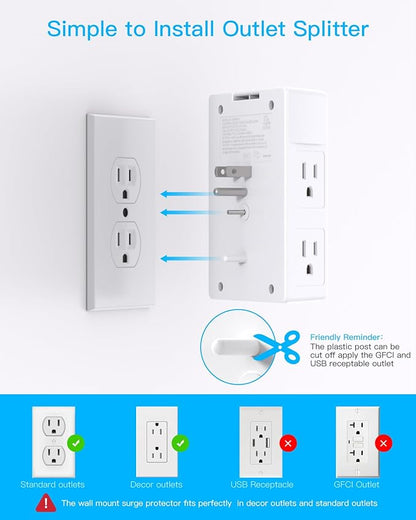 One Beat 1680J 3 Side Power Strip Multi Plug Expander, Surge Protector, 5 Outlets Extender, 4 USB Ports (USB C), Wall Mount Charger, Outlet Splitter Adapter for Home, Travel, Office, ETL Listed, White
