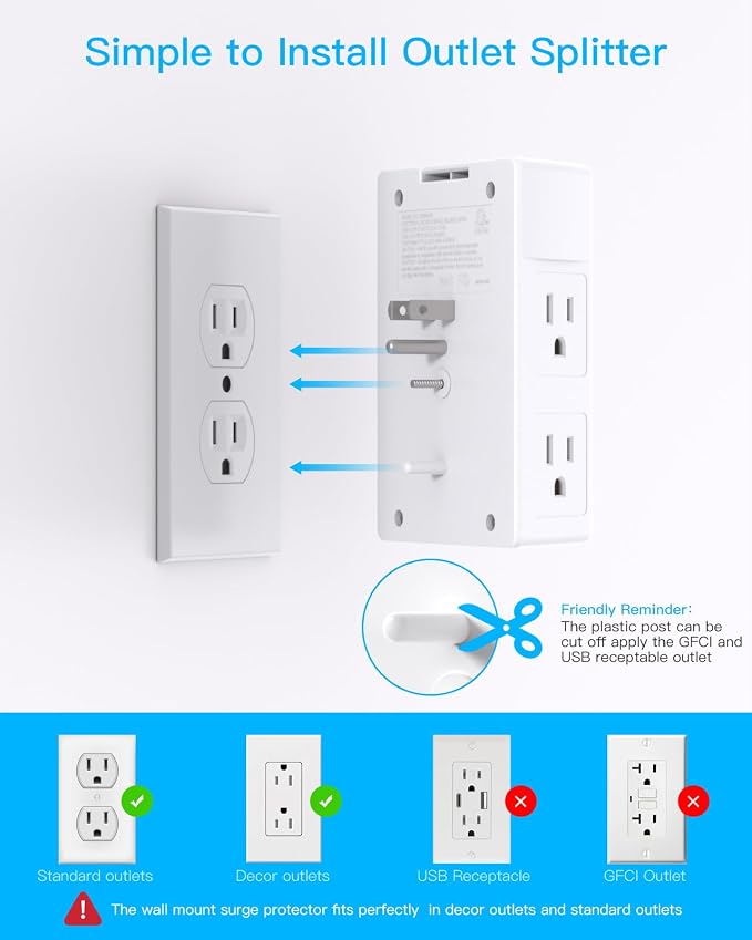 One Beat Surge Protector Wall Outlet Extender, 2 Pack 5 Outlets & 4 USB Ports (2 USB-C), 1680J, 3-Sided Multi Plug Outlet Adapter, Outlet Splitter, Wall Mount, ETL Listed for Home Office Travel-White
