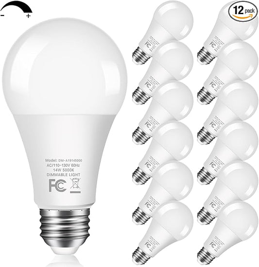 LED Light Bulbs 100W Equivalent 5000K Daylight, Dimmable A19 14W 1500LM Bright Bulbs With E26 Standard Medium Base for Home Kitchen Bedroom Office Indoor, No Flicker, 12 Packs