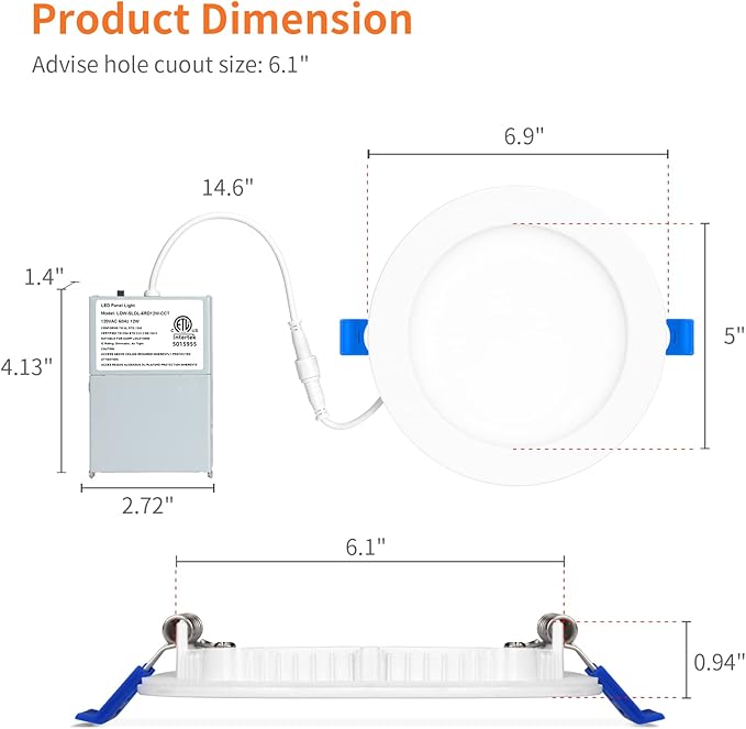 Meconard 12 Pack 6 Inch 5CCT LED Canless Recessed Lighting with Night Light, 2700K/3000K/3500K/4000K/5000K Selectable Ultra-Thin LED Ceiling Lights, 12W=110W, 1050LM, Dimmable Wafer Downlight ETL&FCC
