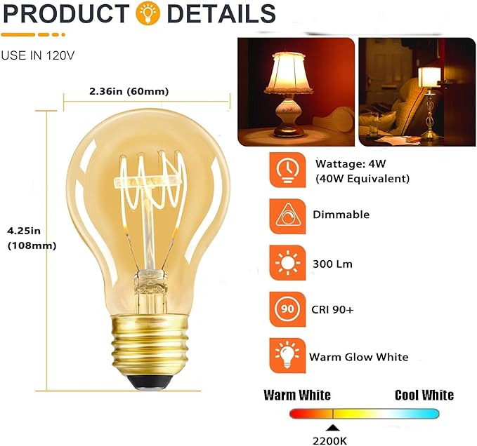 Dimmable LED Edison Light Bulbs 4W 40 Watt Vintage Warm A19 E26 2200K Light Bulbs Antique Spiral Decorative Amber Light Bulbs, CRI 90+, Pack of 2