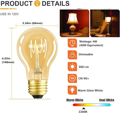 Dimmable LED Edison Light Bulbs 4W 40 Watt Vintage Warm A19 E26 2200K Light Bulbs Antique Spiral Decorative Amber Light Bulbs, CRI 90+, Pack of 2