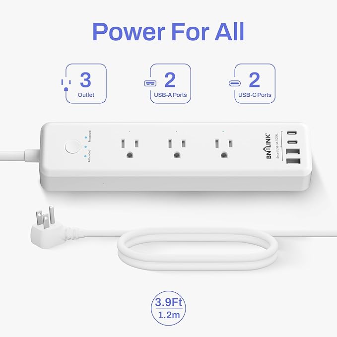 BN-LINK Remote Control Power Strip with 3 Independent Outlets，4 USBs (incl. 20W USB-C), 3.9Ft Extension Cord, 15A/1875W Overload Protection, Wall Mount, for Home, Office, ETL Listed, 1200J