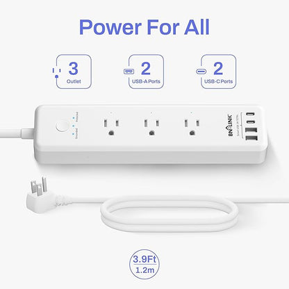 BN-LINK Remote Control Power Strip with 3 Independent Outlets，4 USBs (incl. 20W USB-C), 3.9Ft Extension Cord, 15A/1875W Overload Protection, Wall Mount, for Home, Office, ETL Listed, 1200J